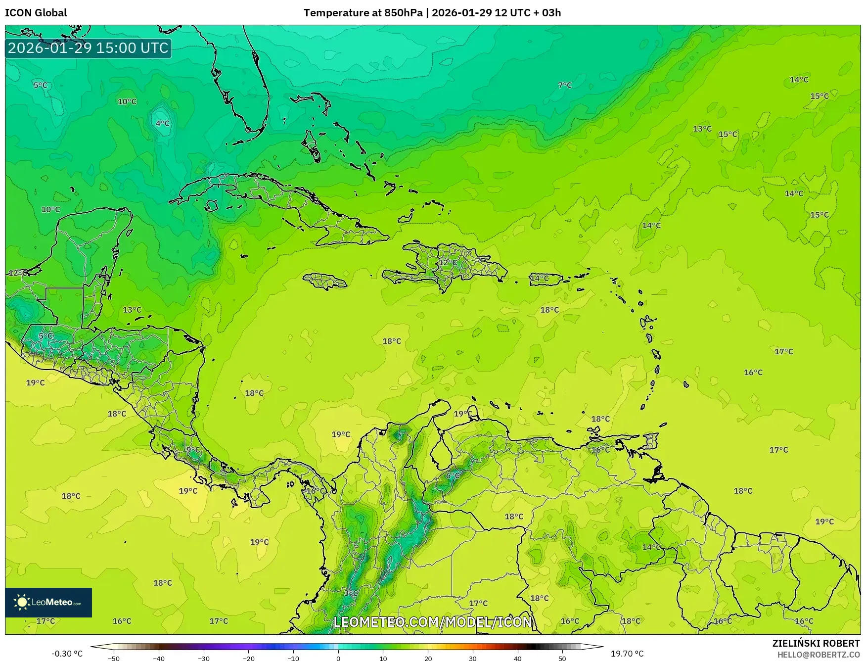 ICON model - Caribbean, Temperature at 850hPa