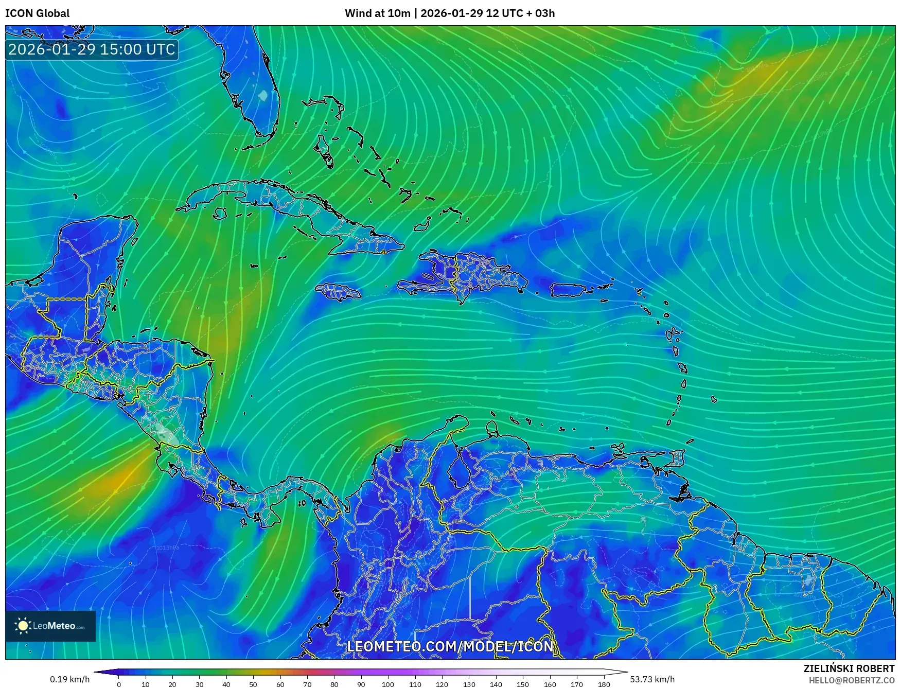 ICON model - Caribbean, Wind at 10m
