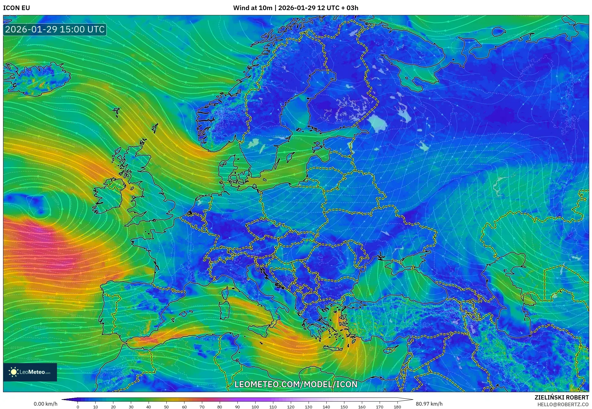 ICON model - Europe, Wind at 10m