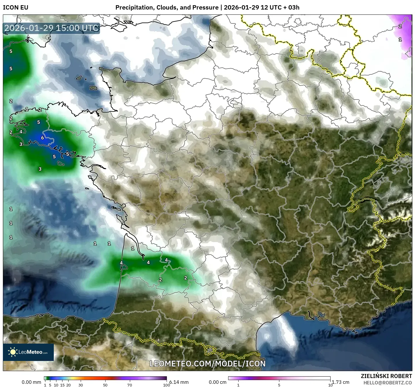 ICON model - France, Precipitation, Clouds, and Pressure
