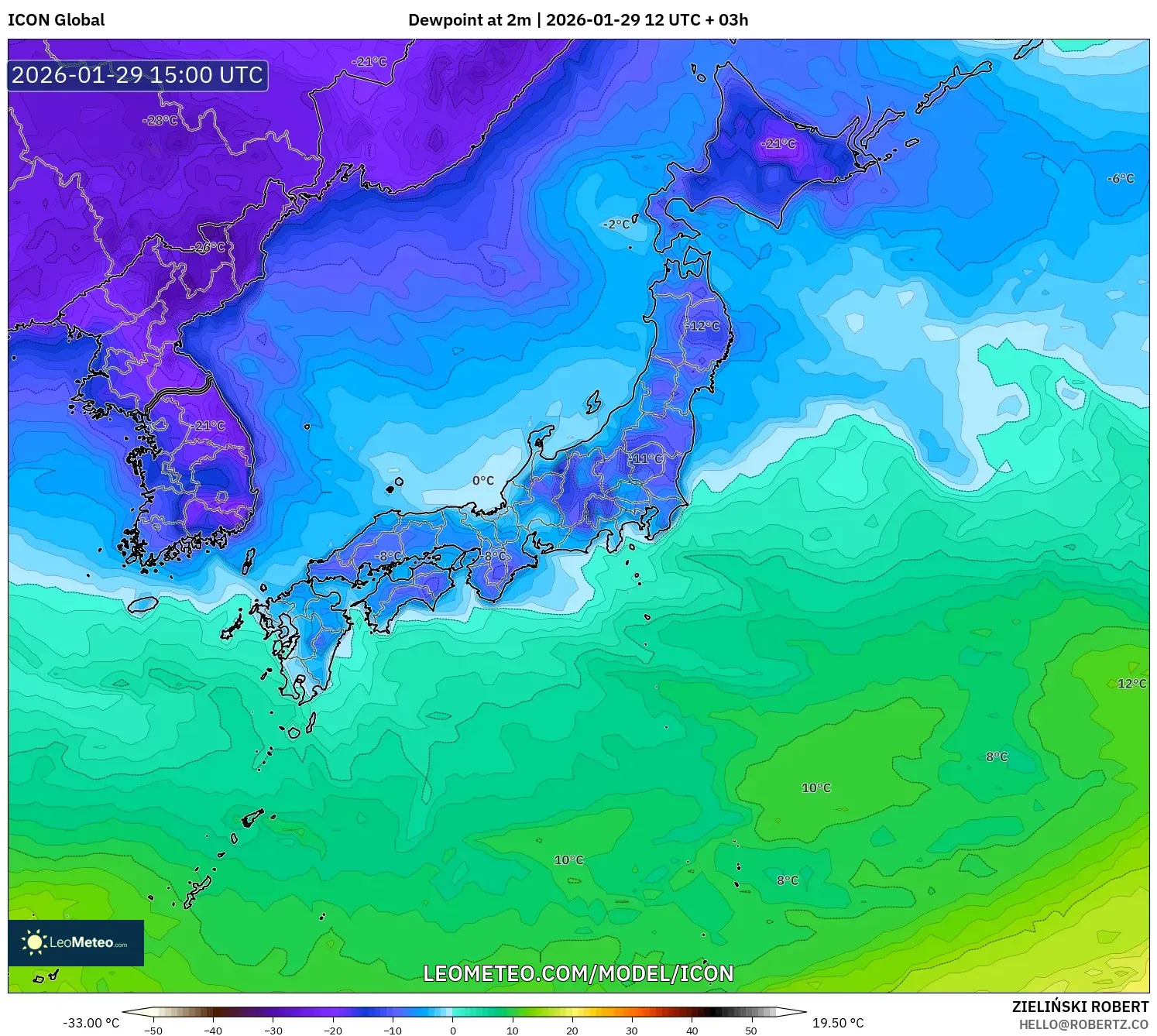 ICON model - Japan, Dewpoint at 2m