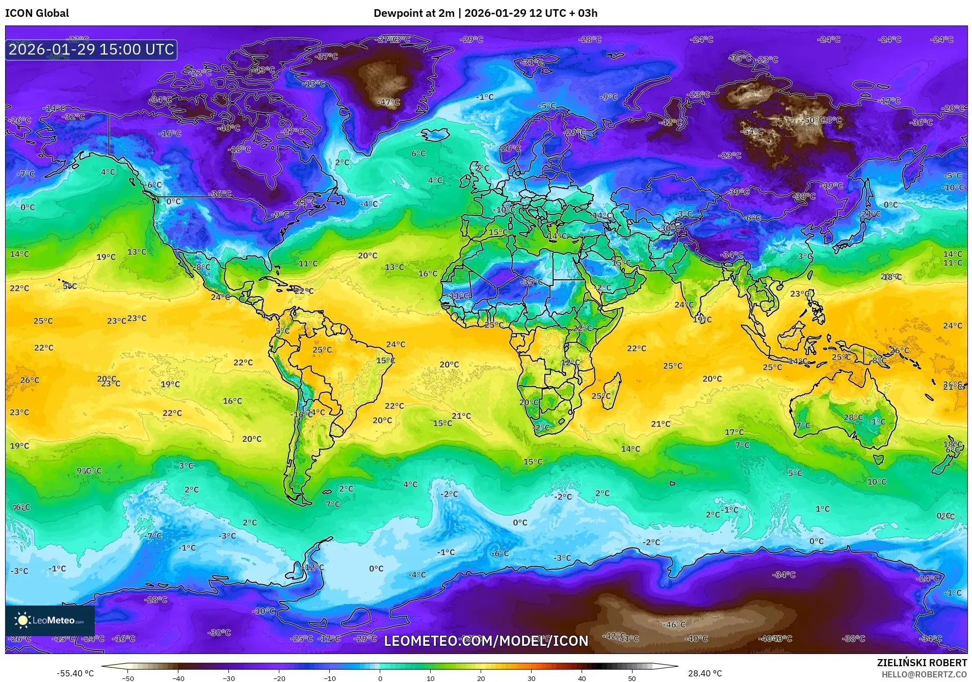 ICON model - World, Dewpoint at 2m