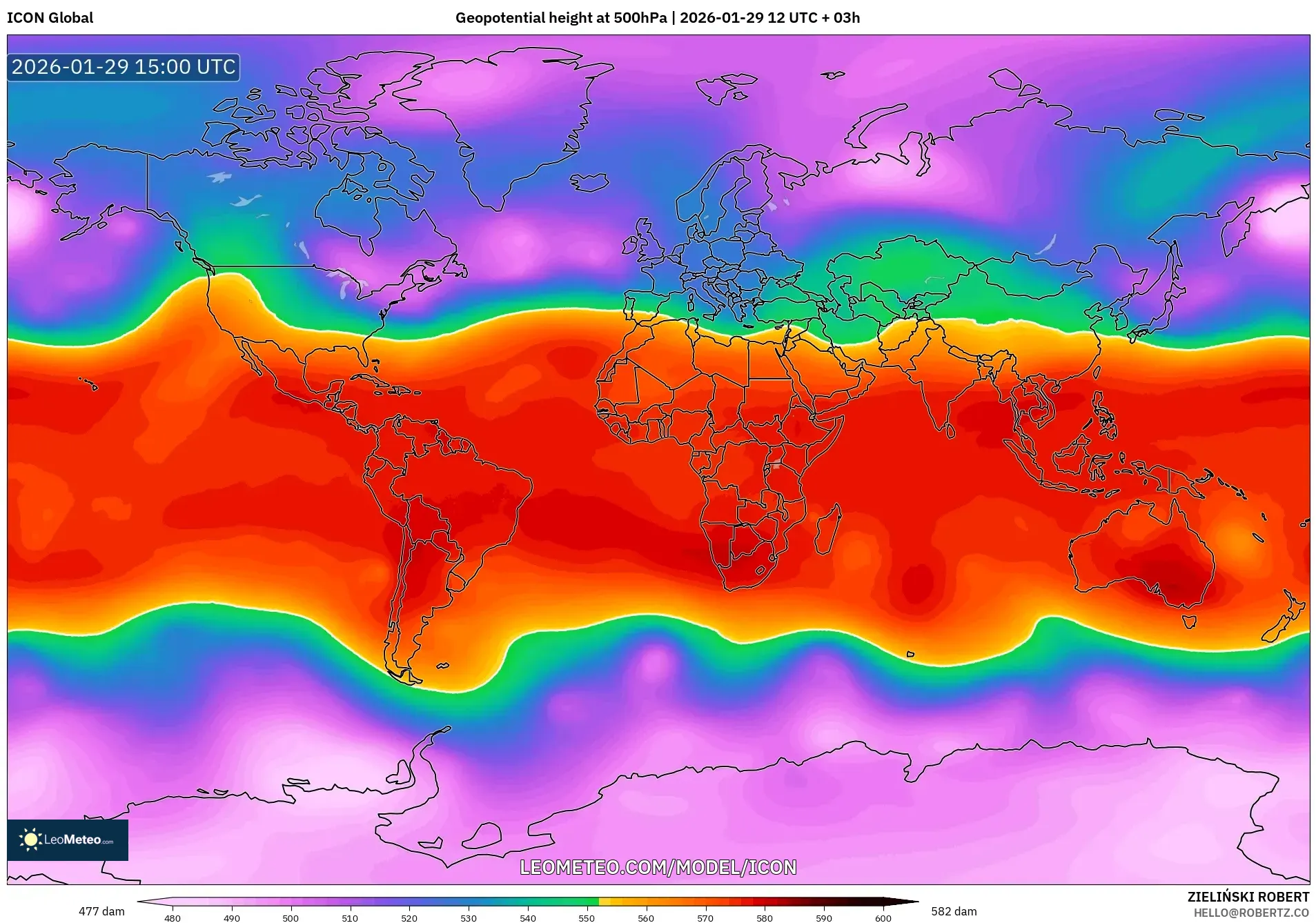 ICON model - World, Geopotential height at 500hPa