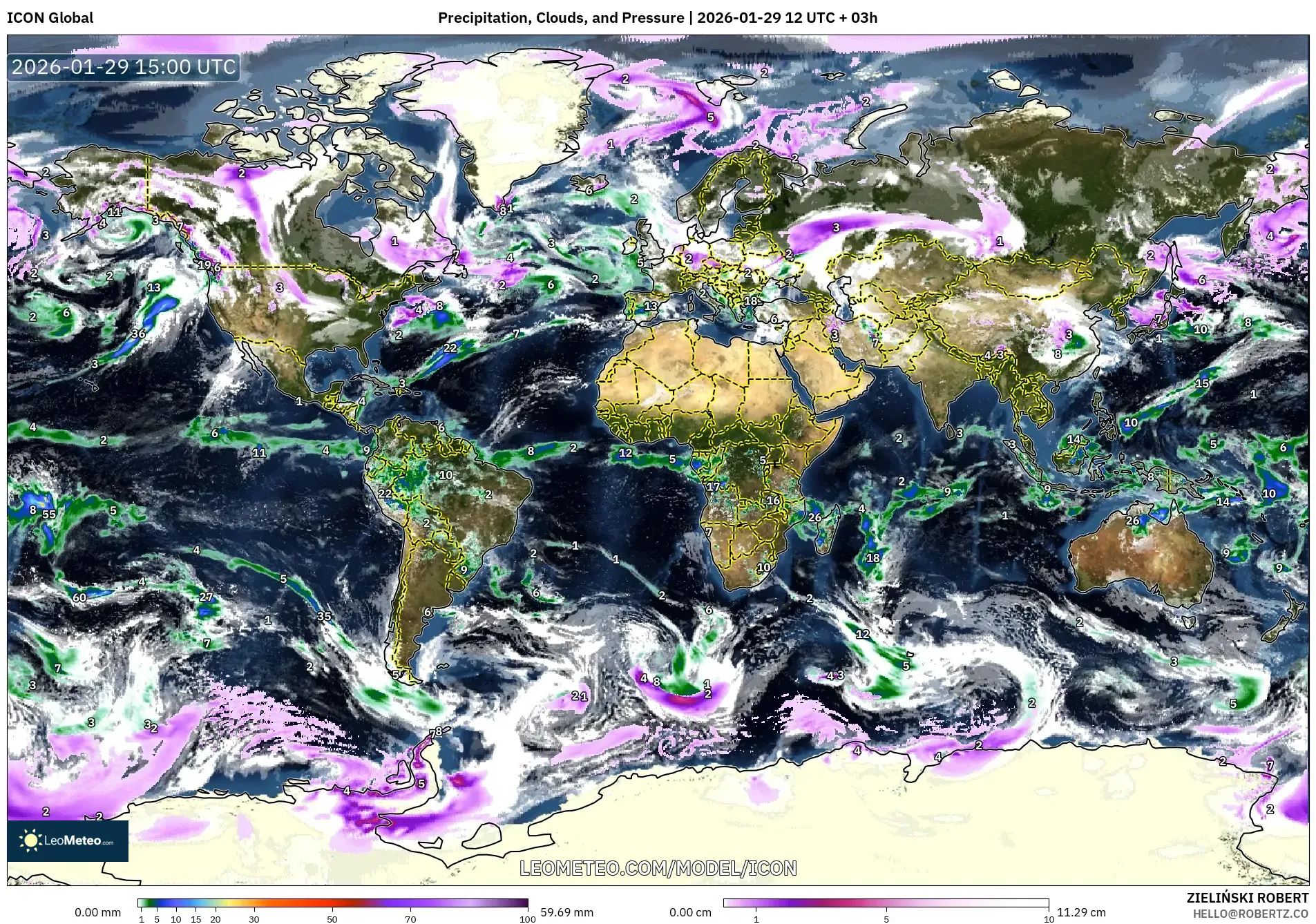 ICON model - World, Precipitation, Clouds, and Pressure