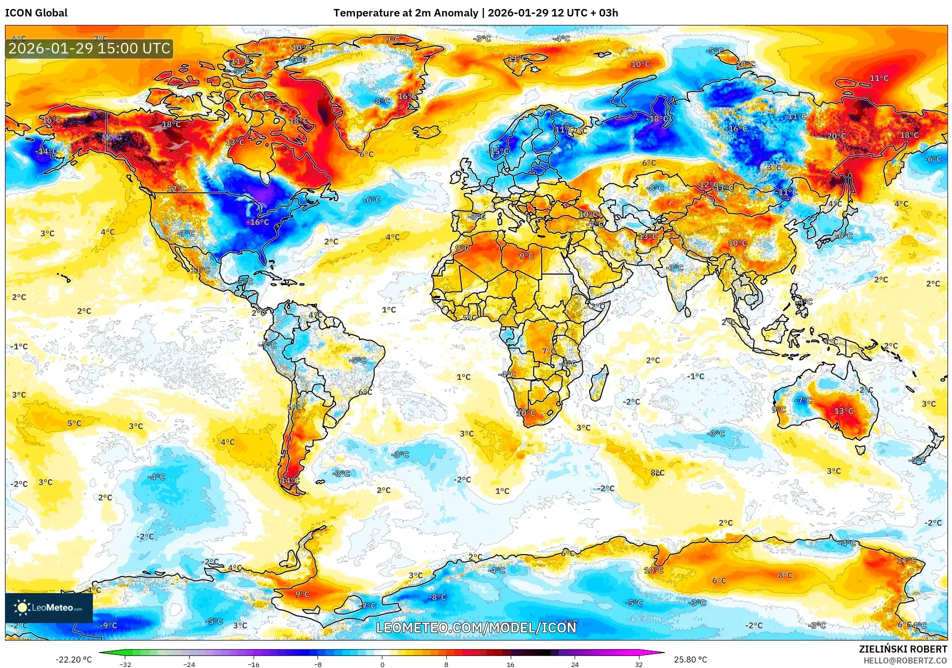 ICON model - World, Temperature at 2m Anomaly