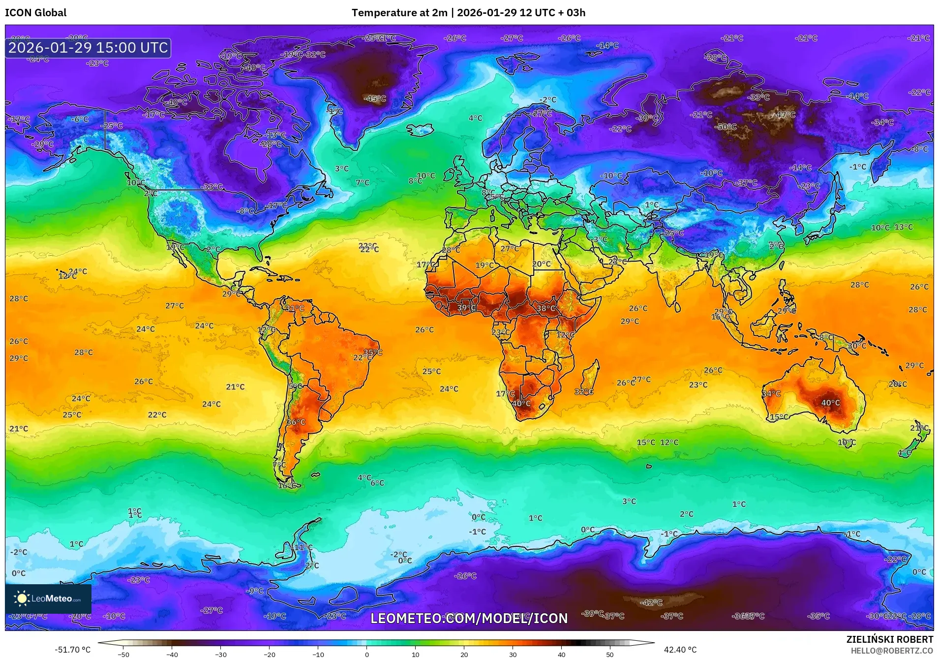ICON model - World, Temperature at 2m