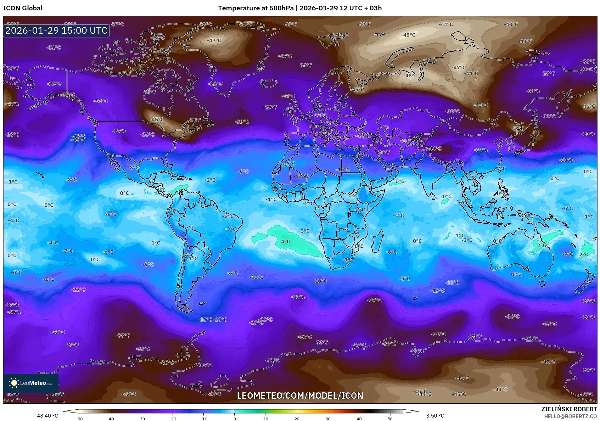 ICON model - World, Temperature at 500hPa