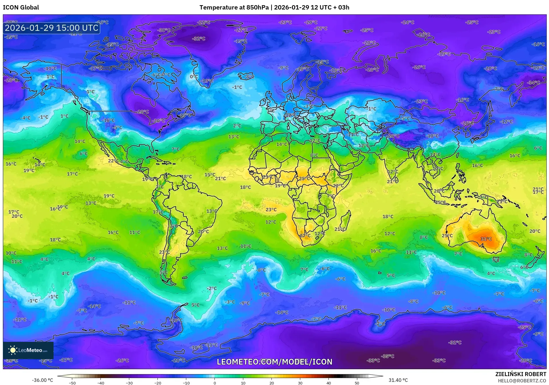 ICON model - World, Temperature at 850hPa