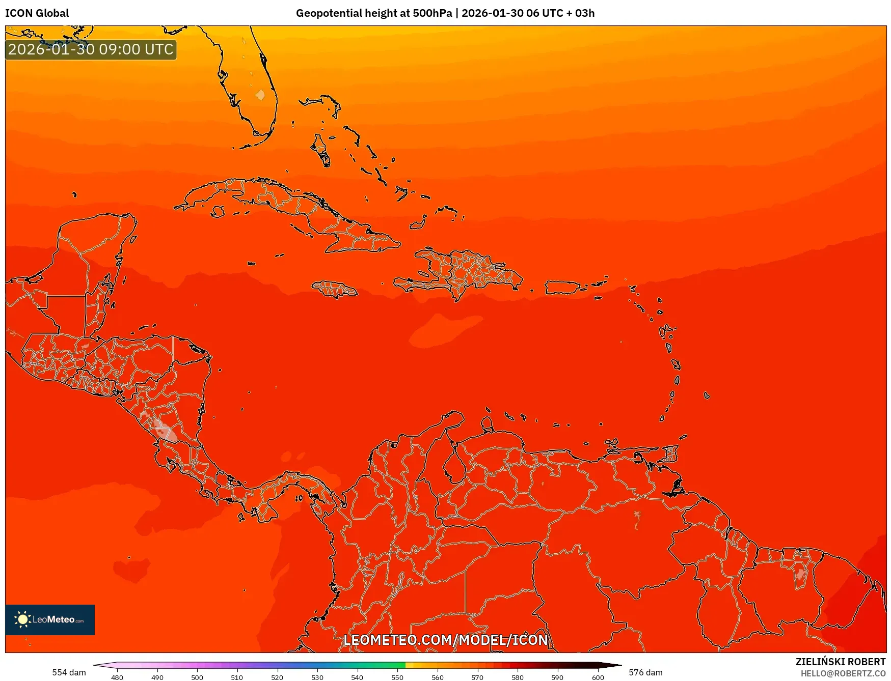 ICON model - Caribbean, Geopotential height at 500hPa