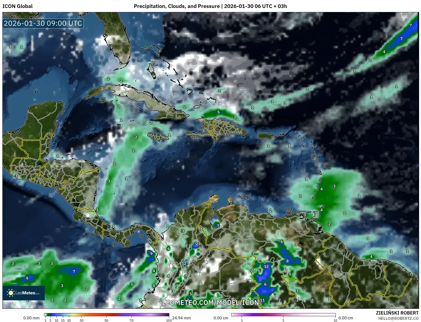 ICON model - Caribbean, Precipitation, Clouds, and Pressure