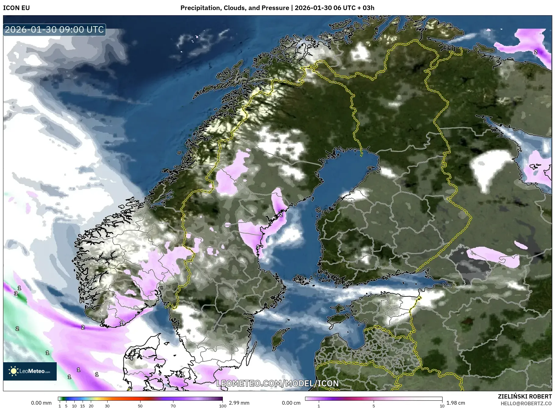 ICON model - Scandinavia, Precipitation, Clouds, and Pressure