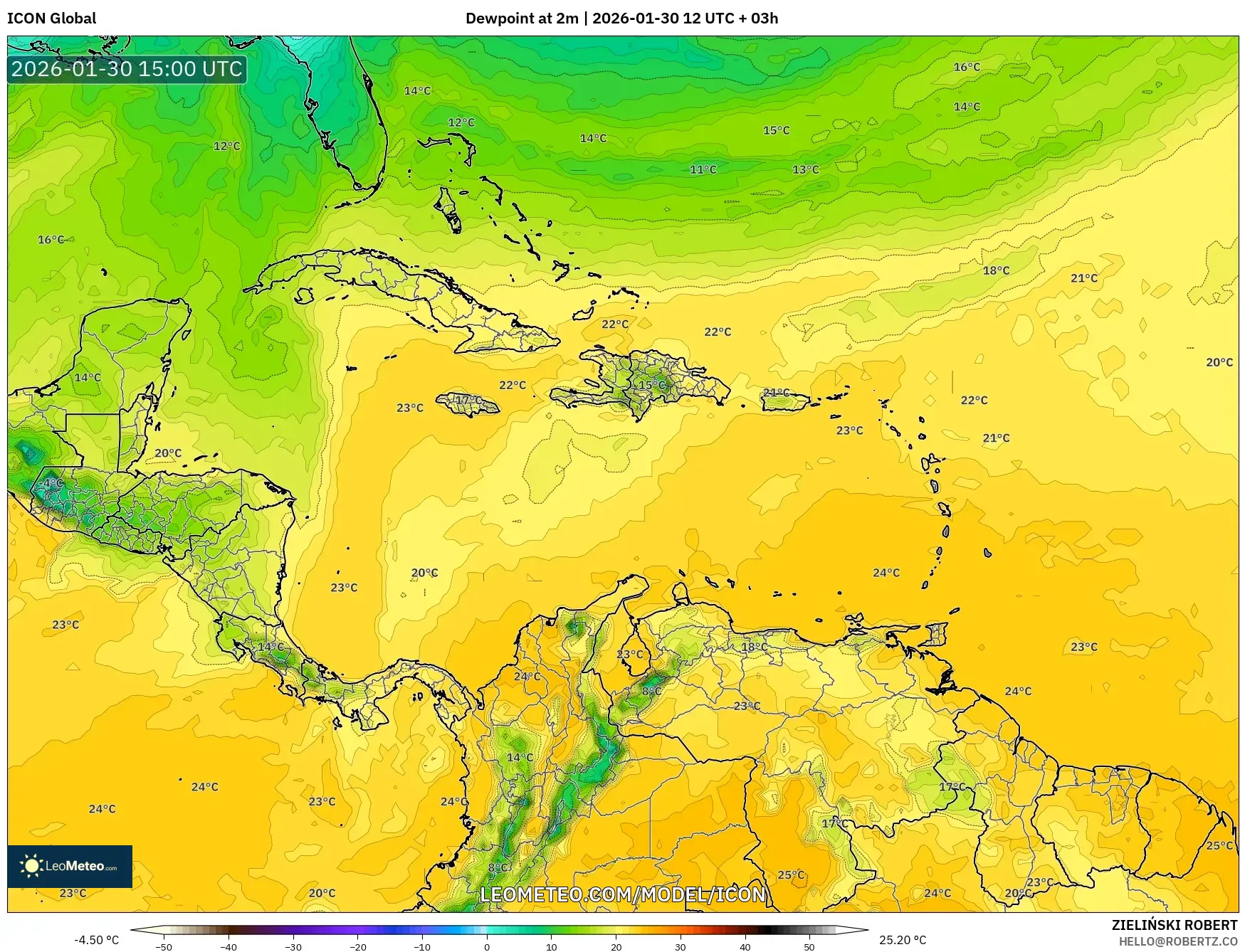 ICON model - Caribbean, Dewpoint at 2m