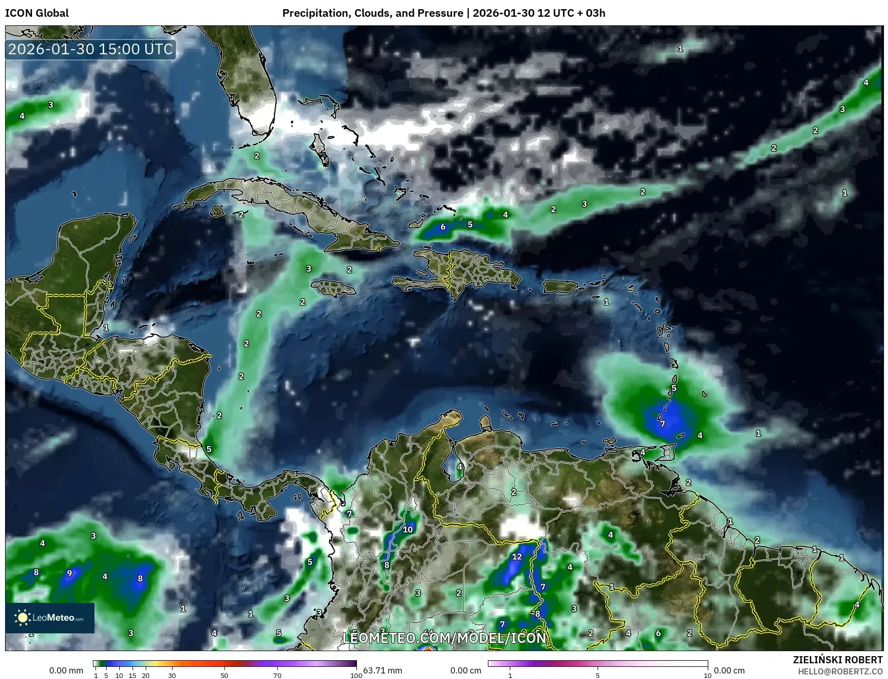 ICON model - Caribbean, Precipitation, Clouds, and Pressure