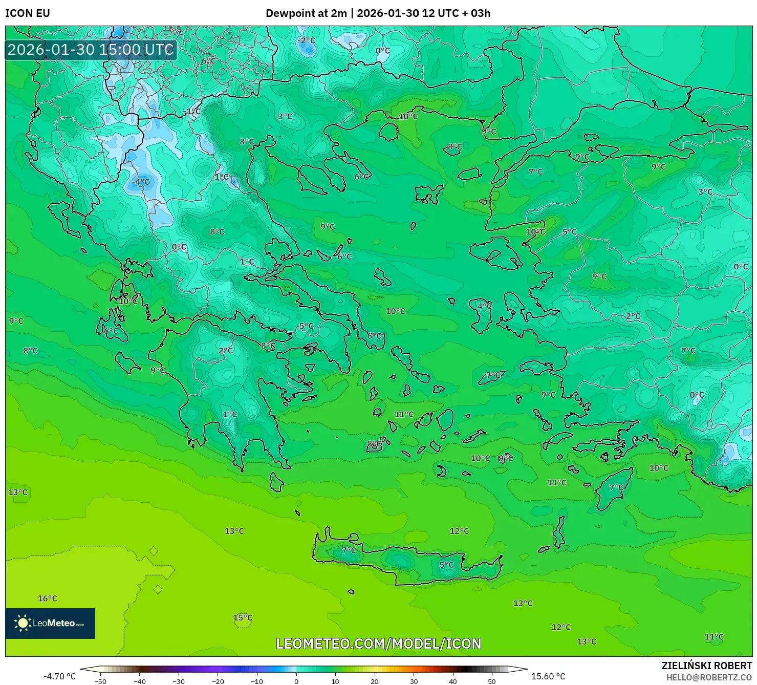 ICON model - Greece, Dewpoint at 2m
