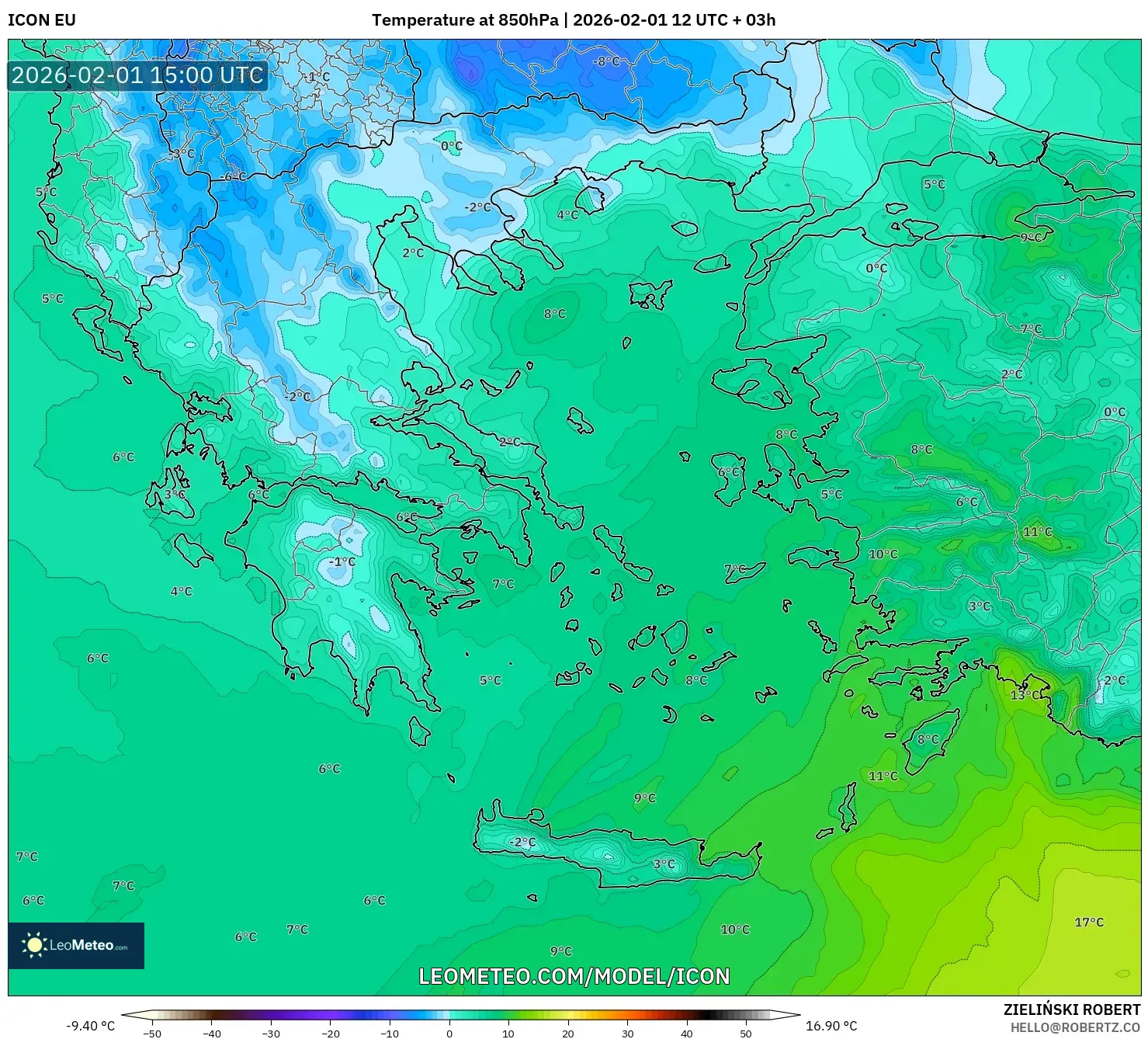 ICON model - Greece, Temperature at 850hPa
