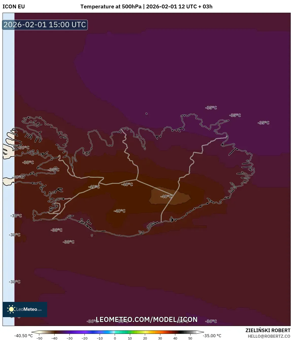 ICON model - Iceland, Temperature at 500hPa