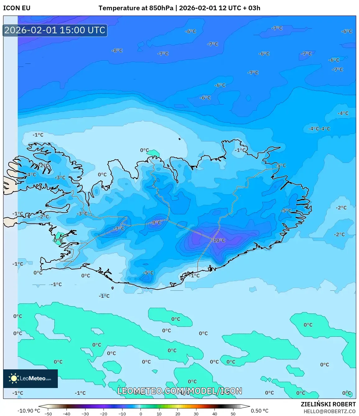 ICON model - Iceland, Temperature at 850hPa