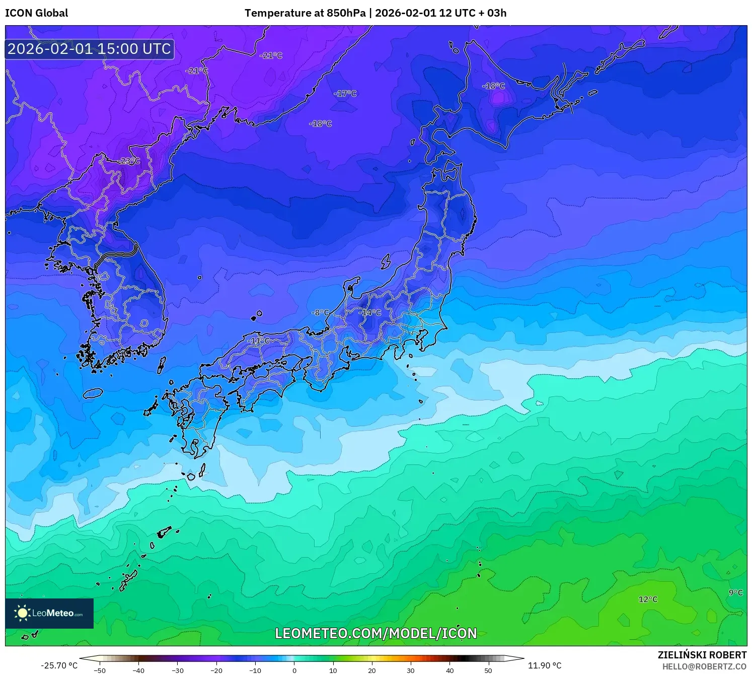 ICON model - Japan, Temperature at 850hPa