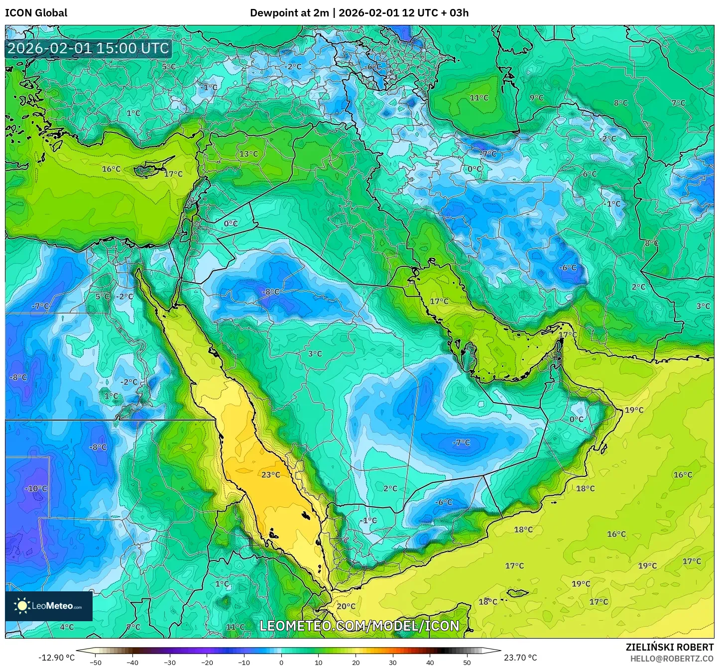 ICON model - Middle East, Dewpoint at 2m