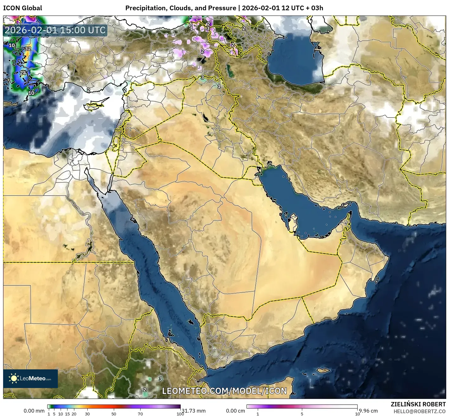 ICON model - Middle East, Precipitation, Clouds, and Pressure