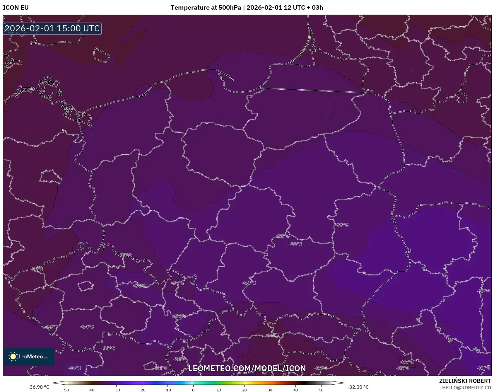ICON model - Poland, Temperature at 500hPa