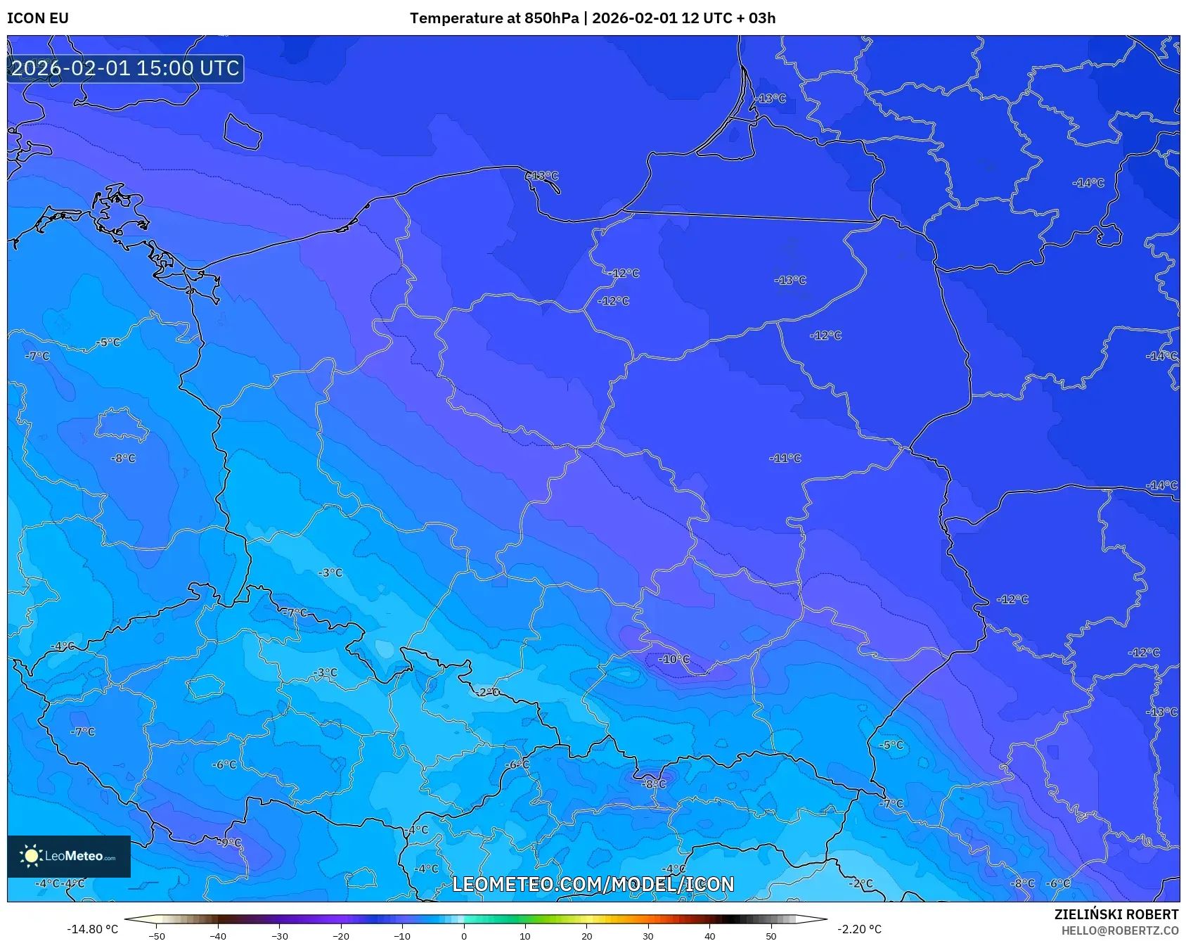 ICON model - Poland, Temperature at 850hPa