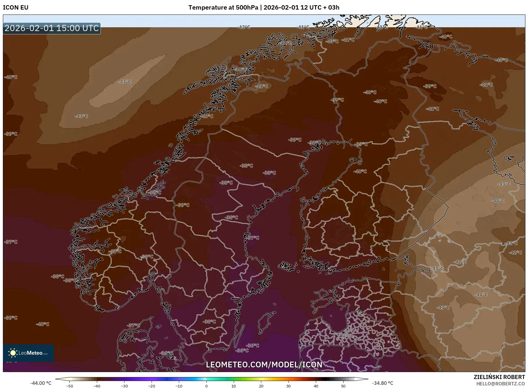ICON model - Scandinavia, Temperature at 500hPa