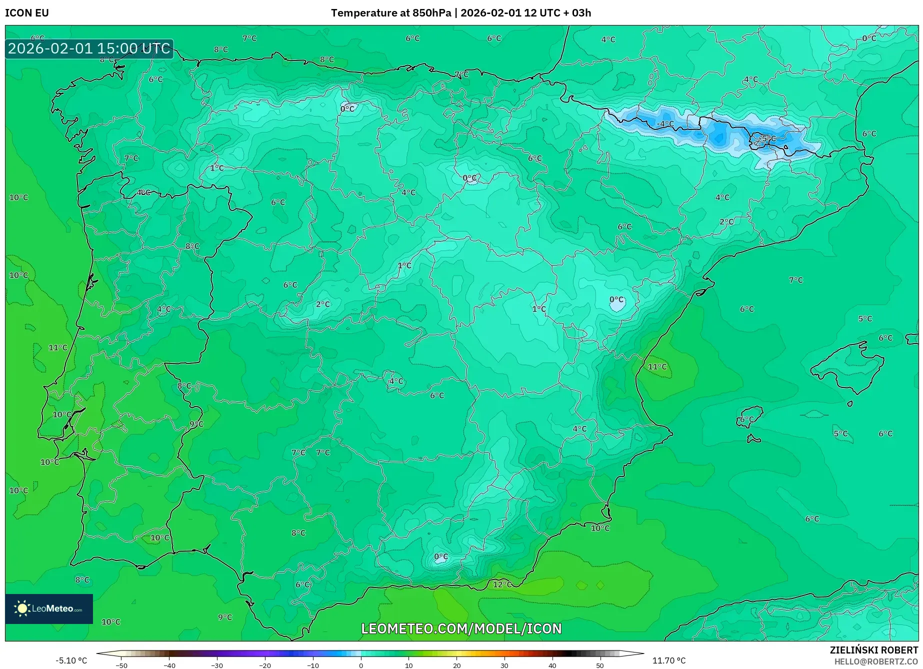 ICON model - Spain, Temperature at 850hPa