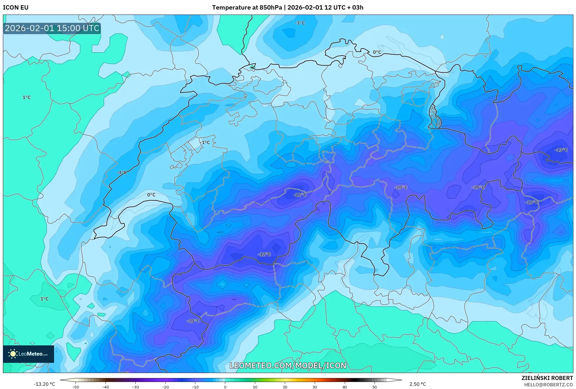 ICON model - Switzerland, Temperature at 850hPa