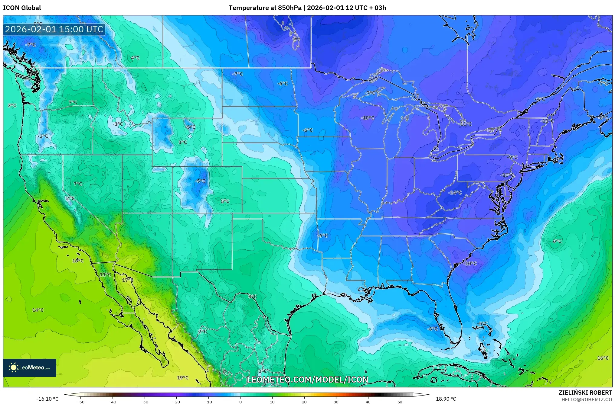 ICON model - United States, Temperature at 850hPa