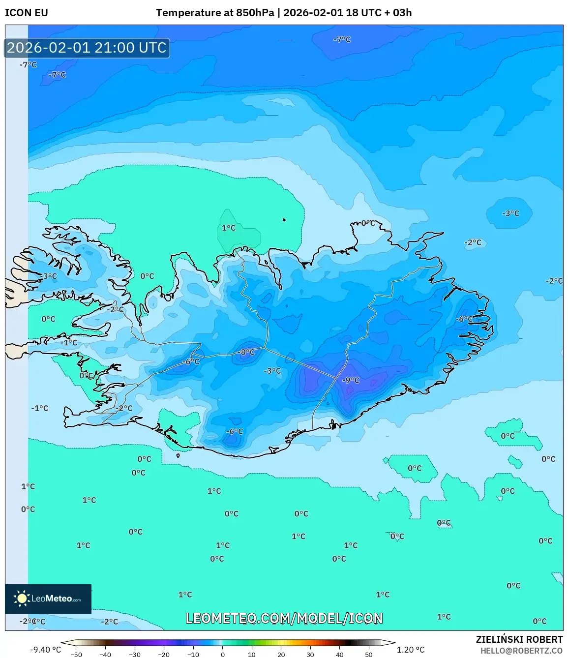 ICON model - Iceland, Temperature at 850hPa