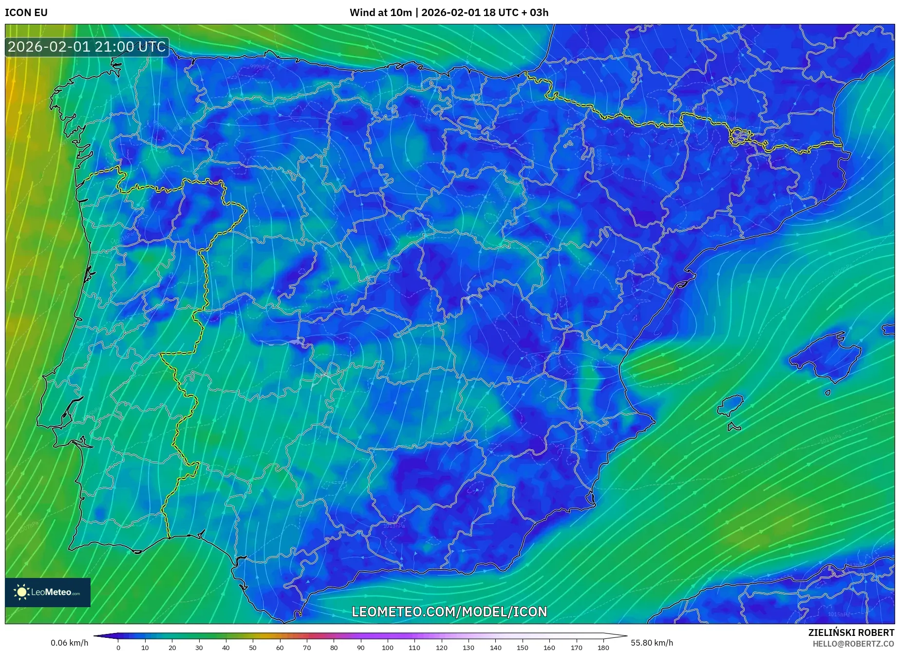 ICON model - Spain, Wind at 10m