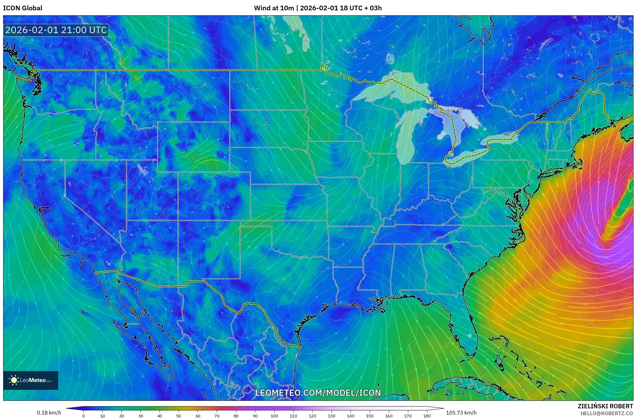 ICON model - United States, Wind at 10m