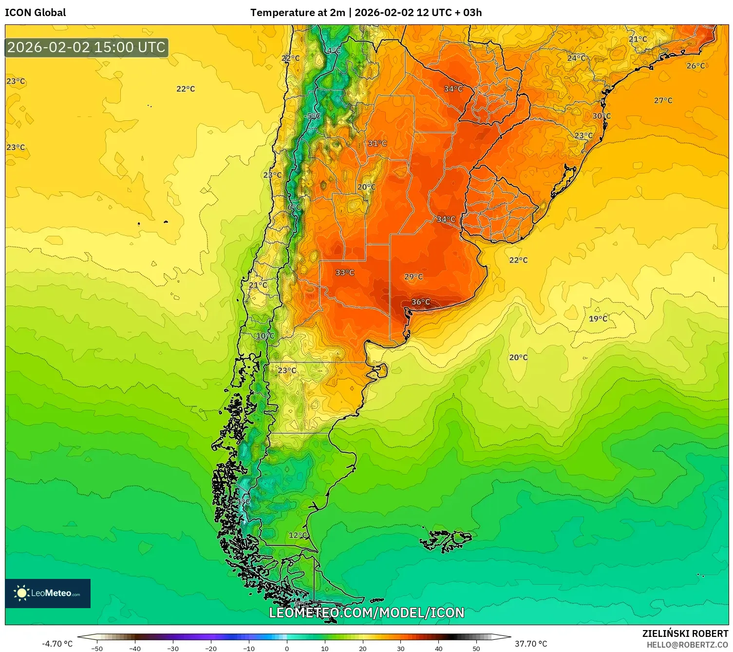 ICON model - Argentina, Temperature at 2m