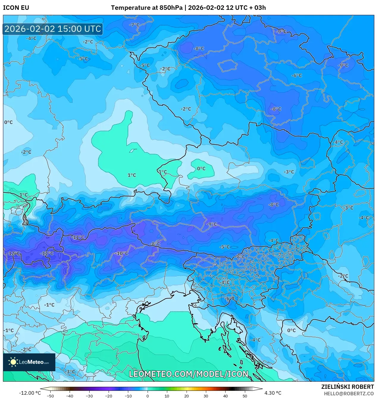 ICON model - Austria, Temperature at 850hPa