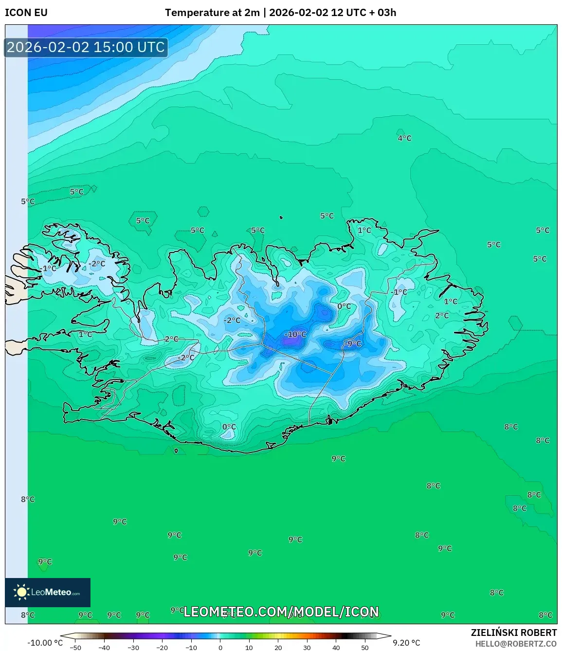 ICON model - Iceland, Temperature at 2m