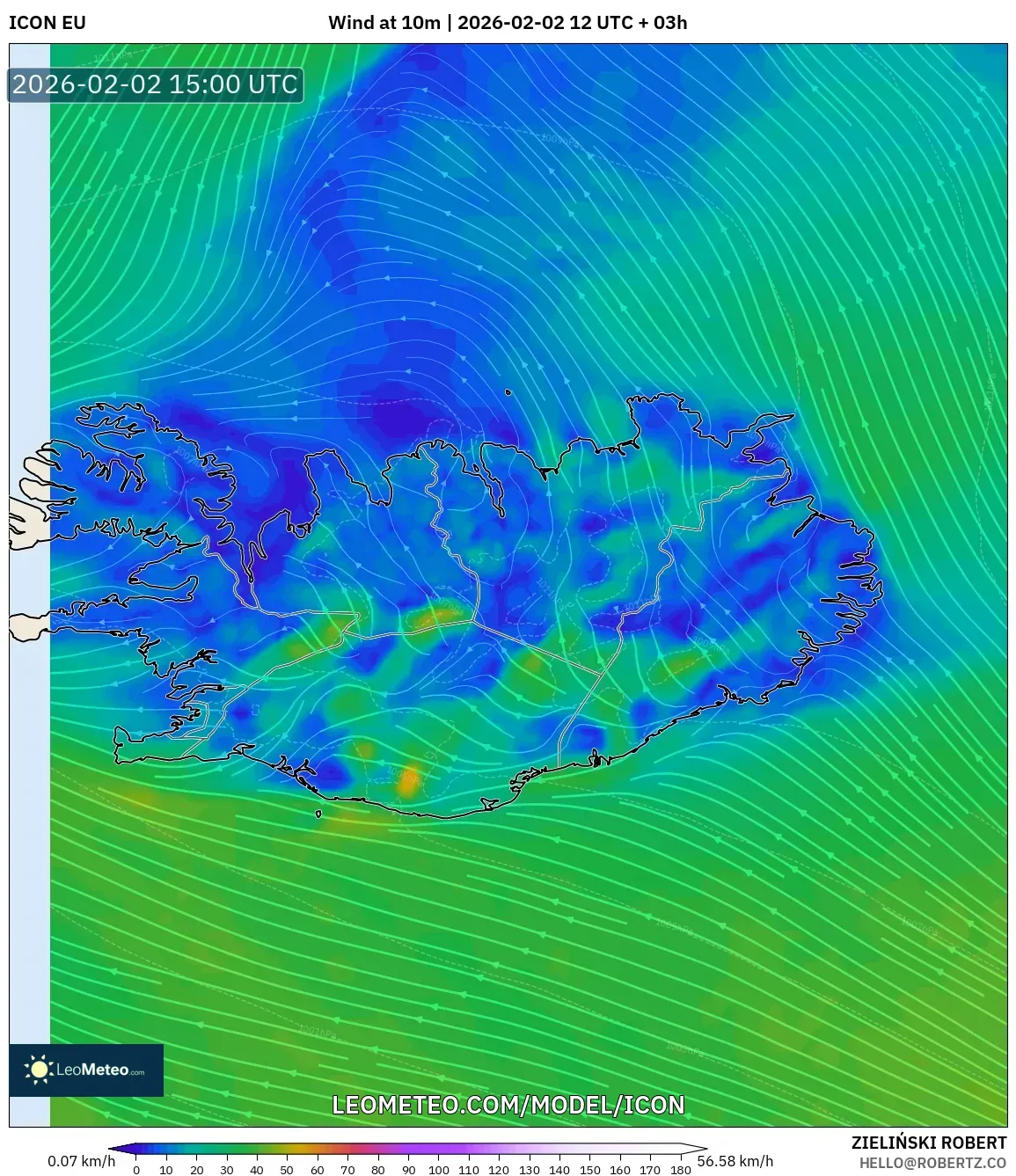 ICON model - Iceland, Wind at 10m