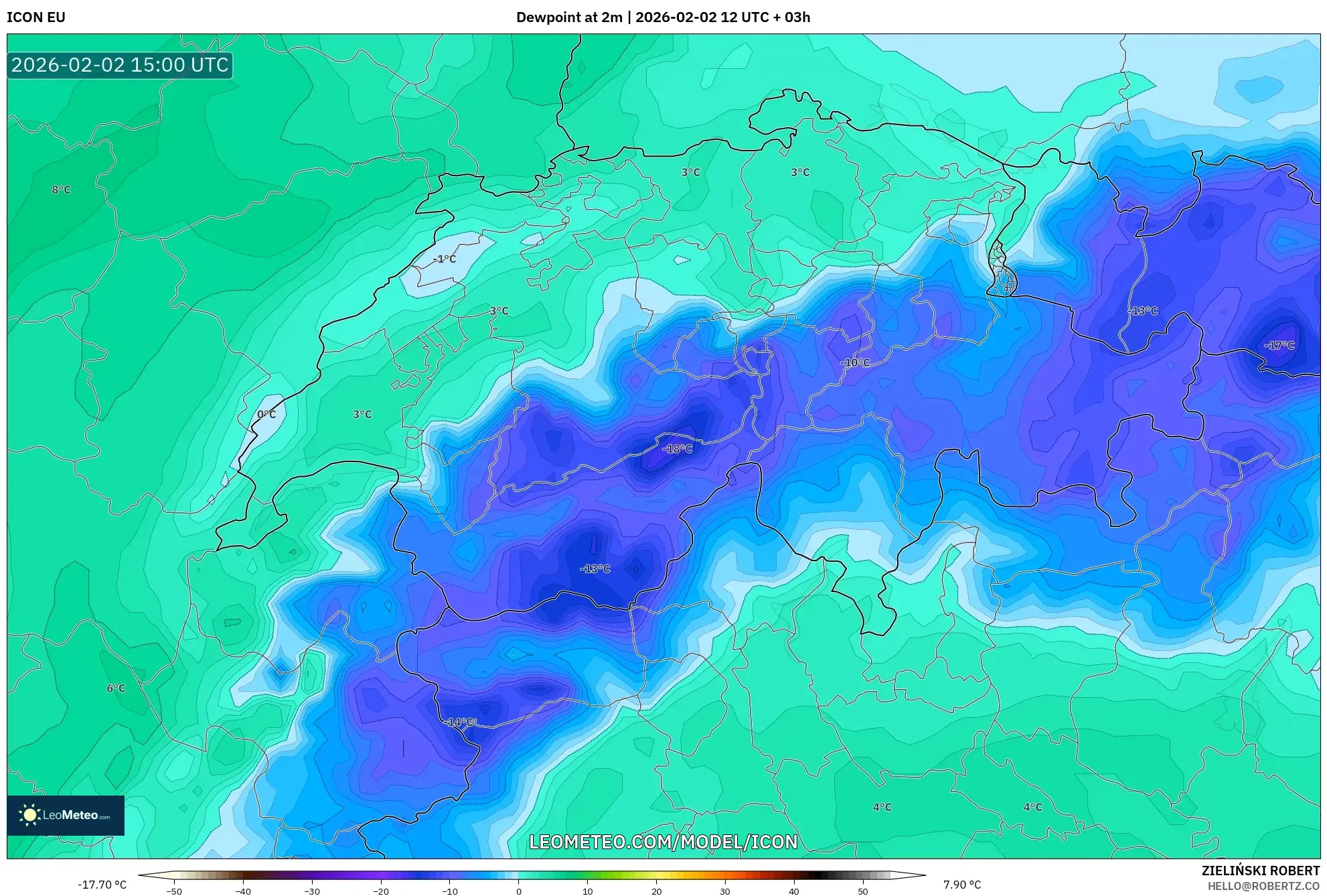 ICON model - Switzerland, Dewpoint at 2m