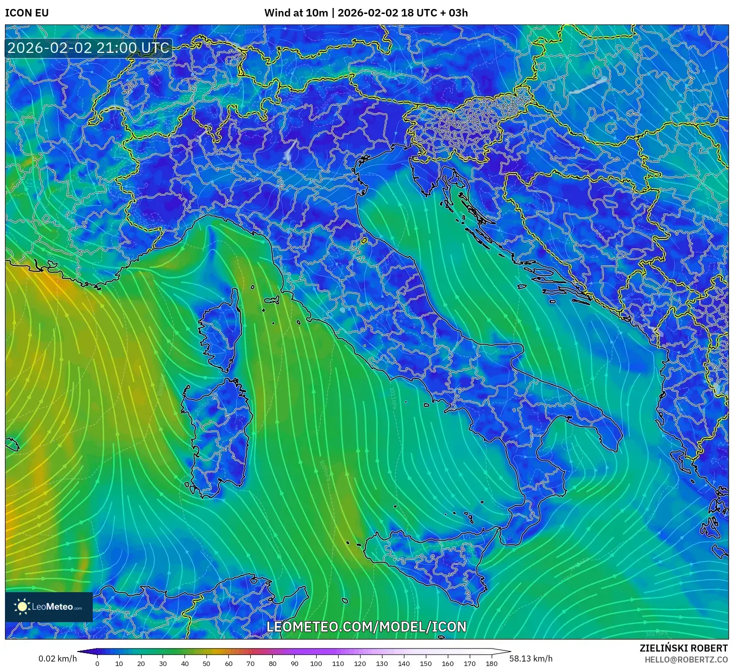 ICON model - Italy, Wind at 10m