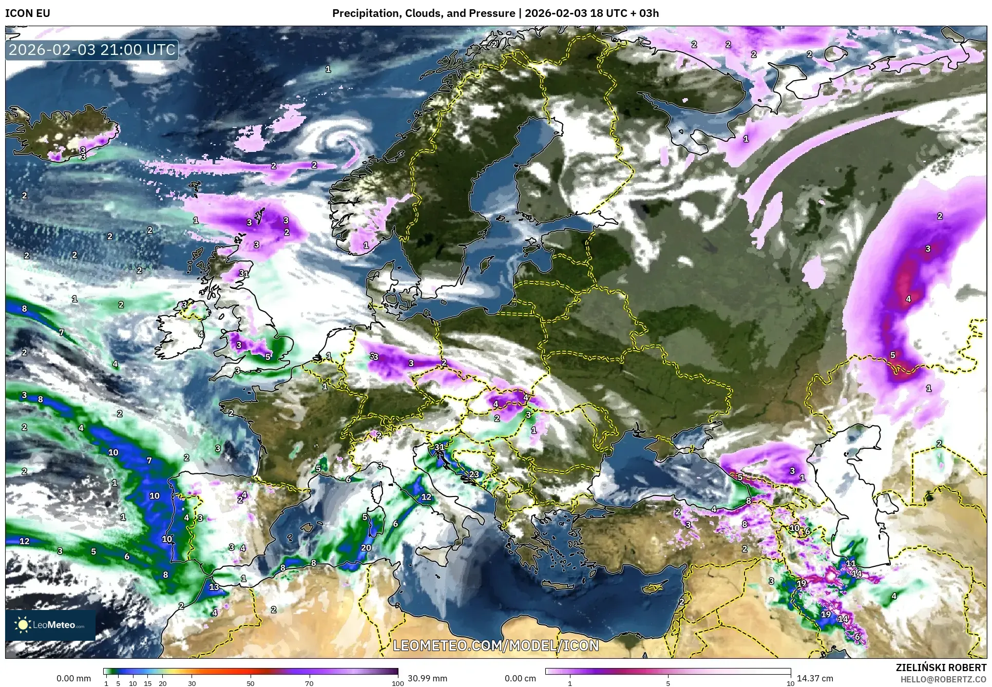 ICON model - Europe, Precipitation, Clouds, and Pressure