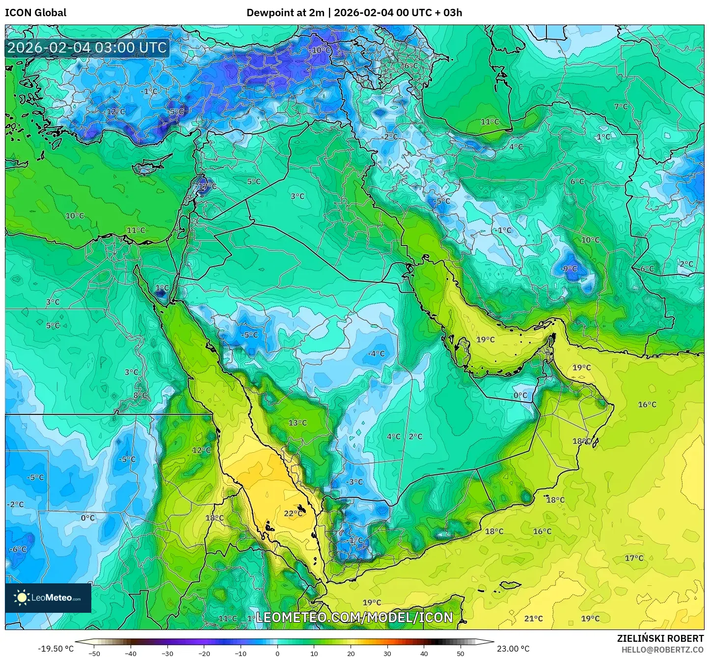 ICON model - Middle East, Dewpoint at 2m
