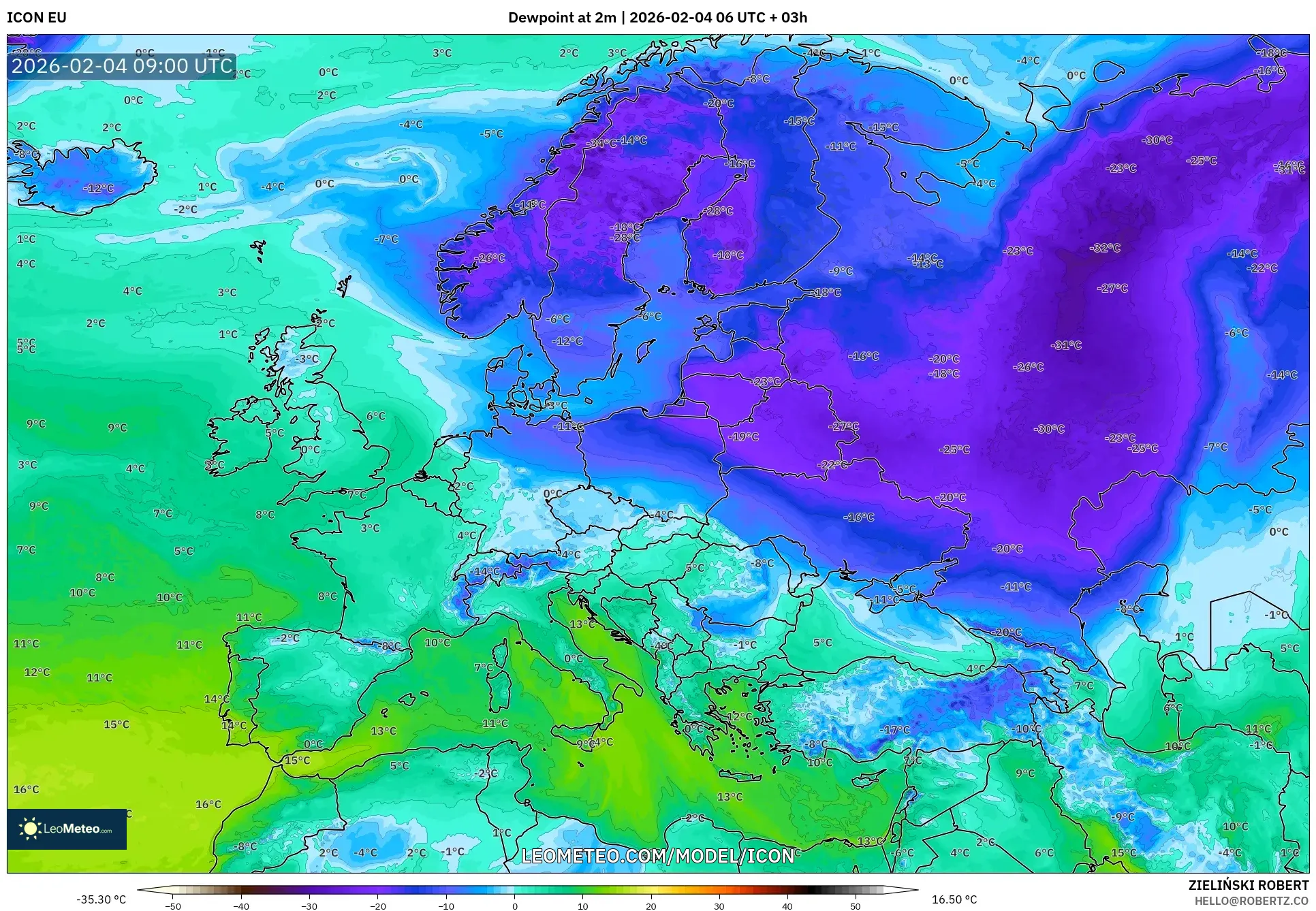 ICON model - Europe, Dewpoint at 2m
