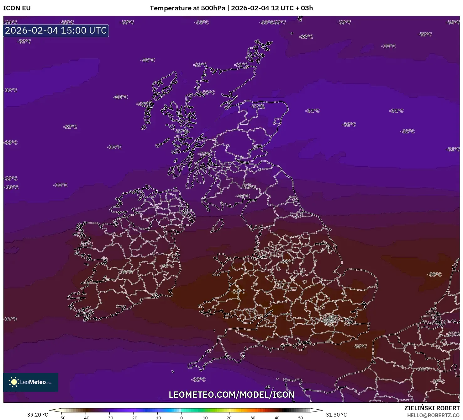 ICON model - United Kingdom, Temperature at 500hPa