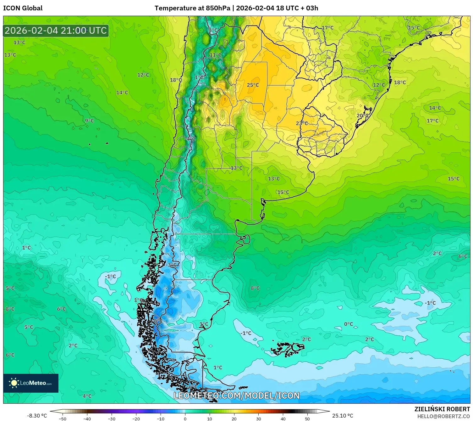ICON model - Argentina, Temperature at 850hPa