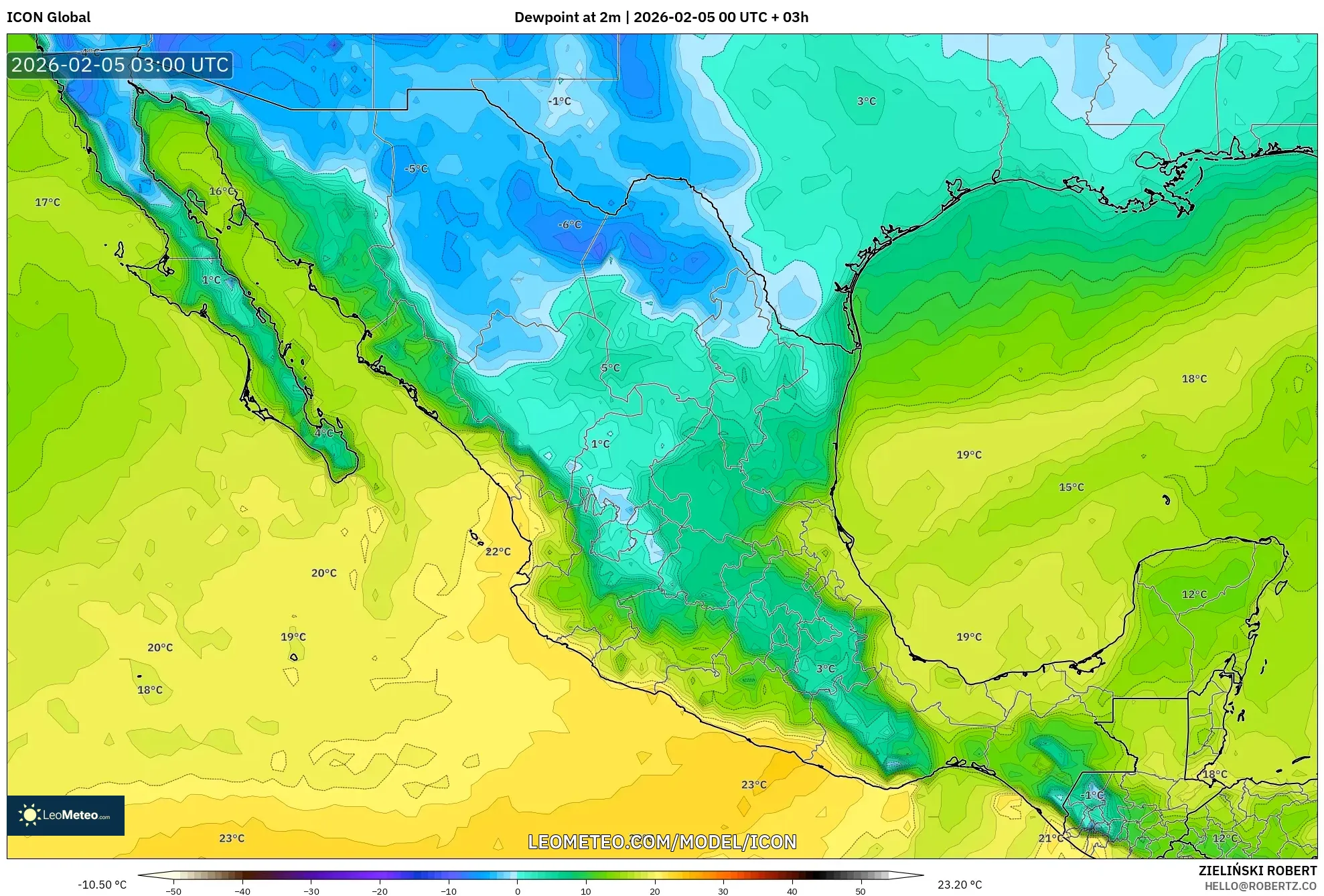 ICON model - Mexico, Dewpoint at 2m