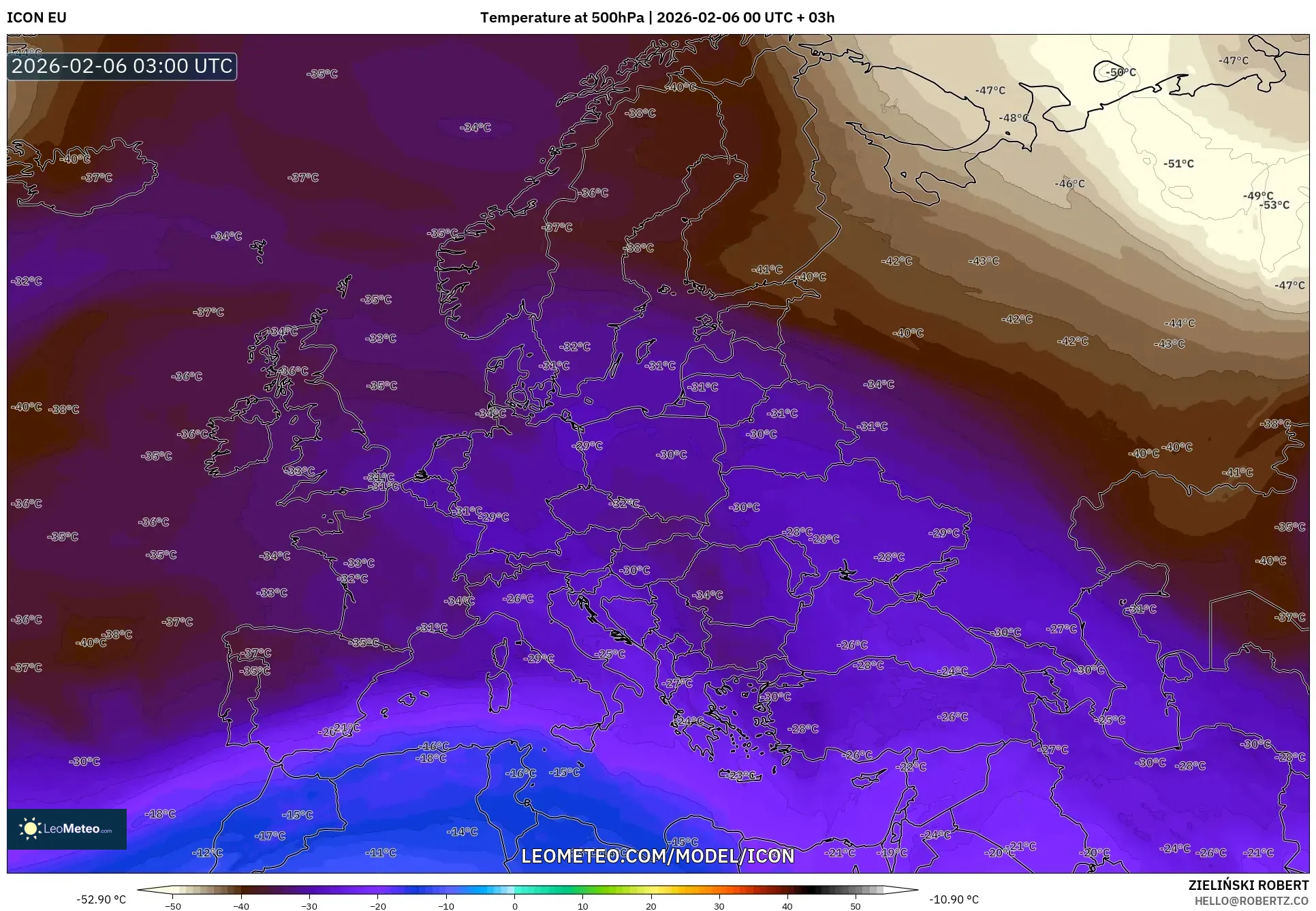 ICON model - Europe, Temperature at 500hPa