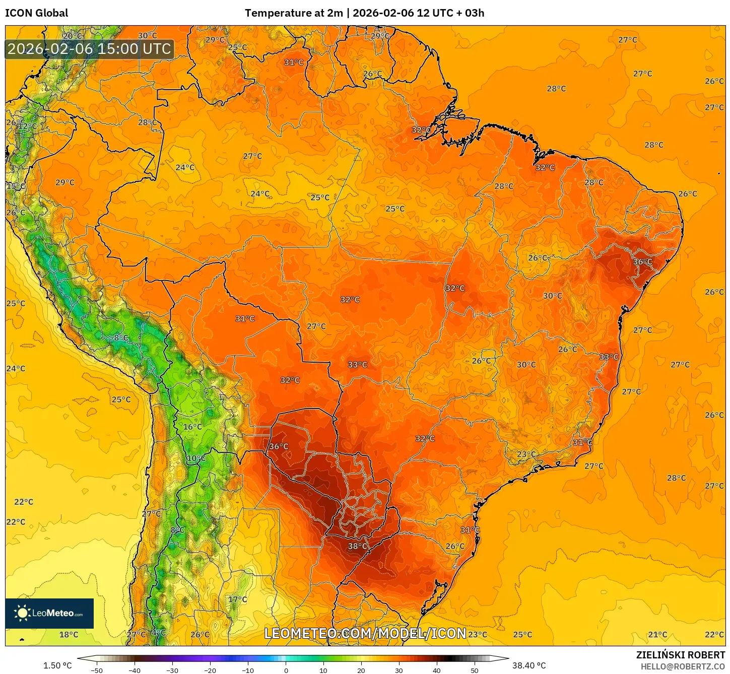 ICON model - Brazil, Temperature at 2m