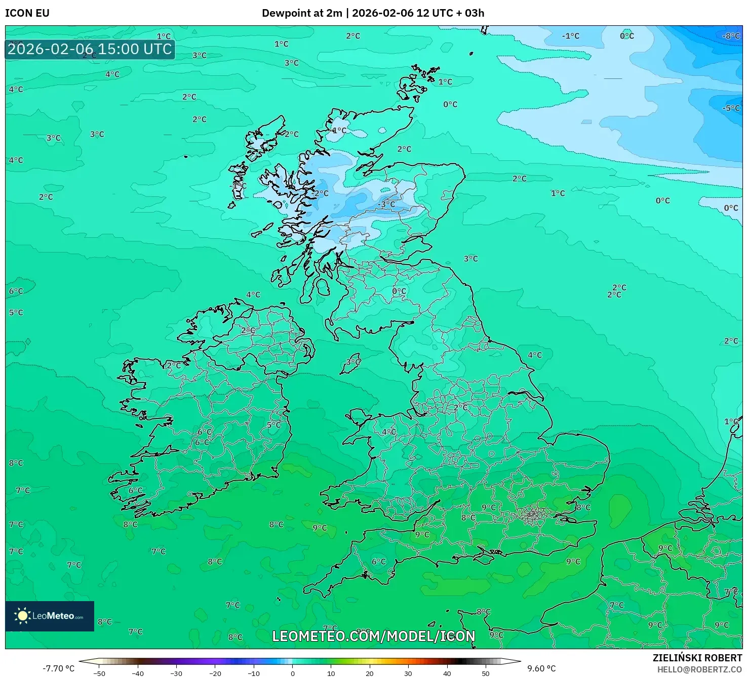 ICON model - United Kingdom, Dewpoint at 2m