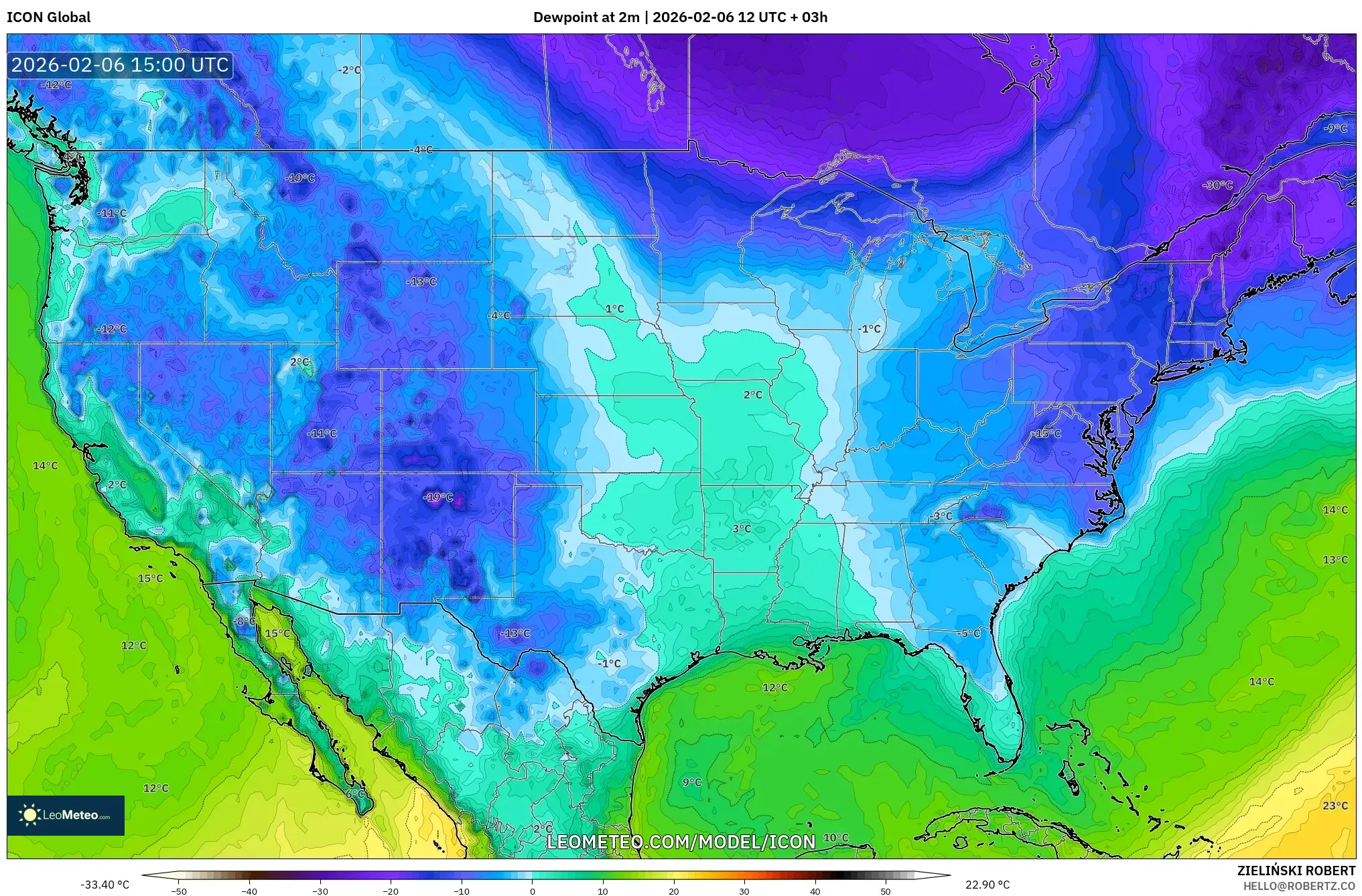 ICON model - United States, Dewpoint at 2m