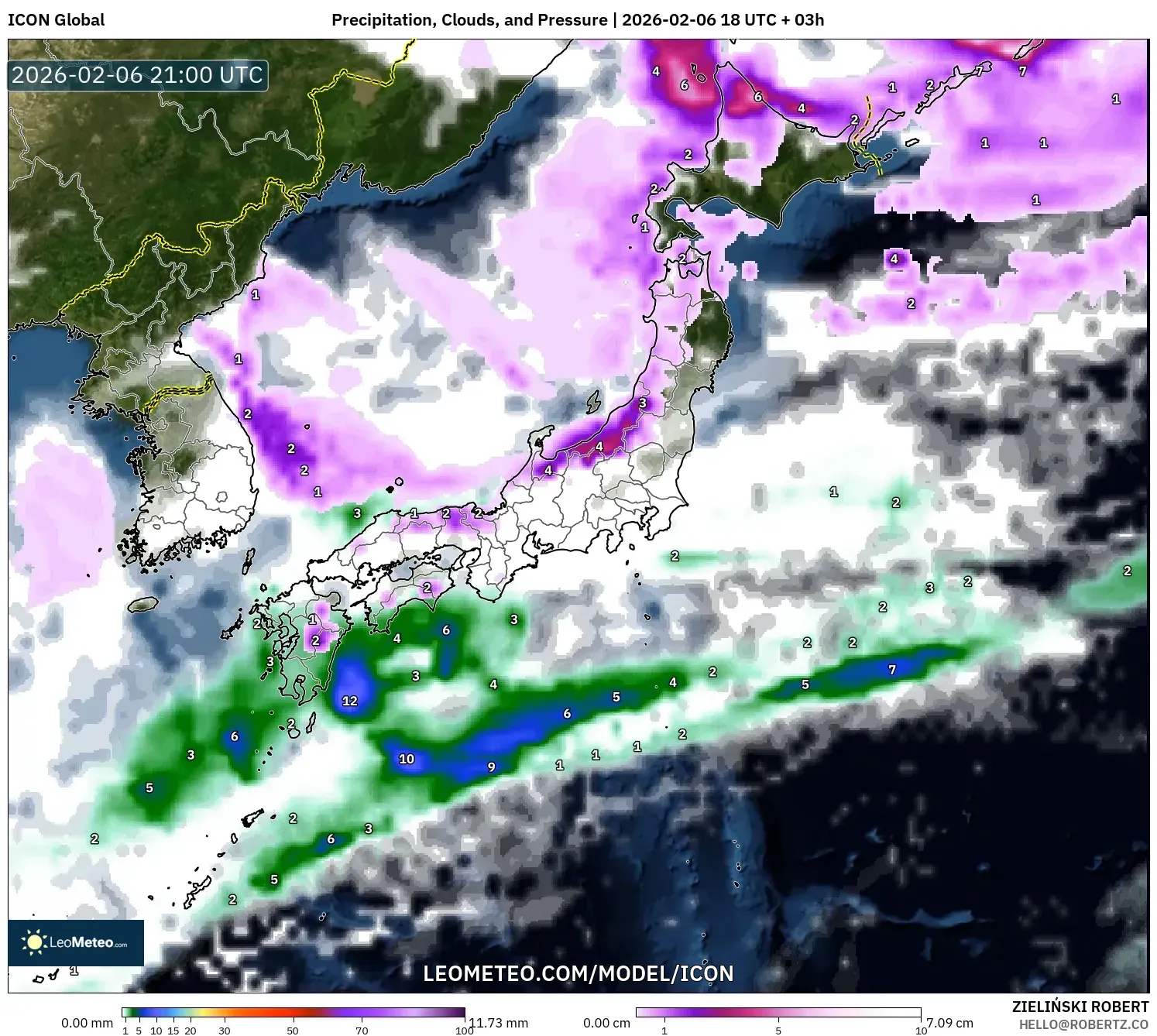 ICON model - Japan, Precipitation, Clouds, and Pressure